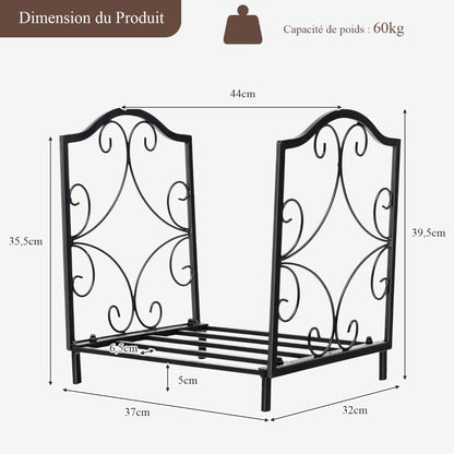Porte-Bûches En Fer Forgé Avec Poignée Charge Max 60 Kg De Bois Range-Bûche Pour Poêle Brasero Foyer Cheminée 44X32X39,5Cm