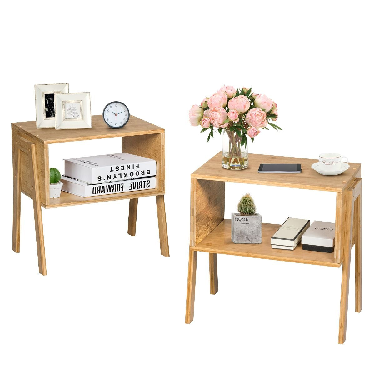 Lot De 2 Table De Chevet Matériau Non-Toxique Avec Compartiment De Rangement Ouvert Naturel