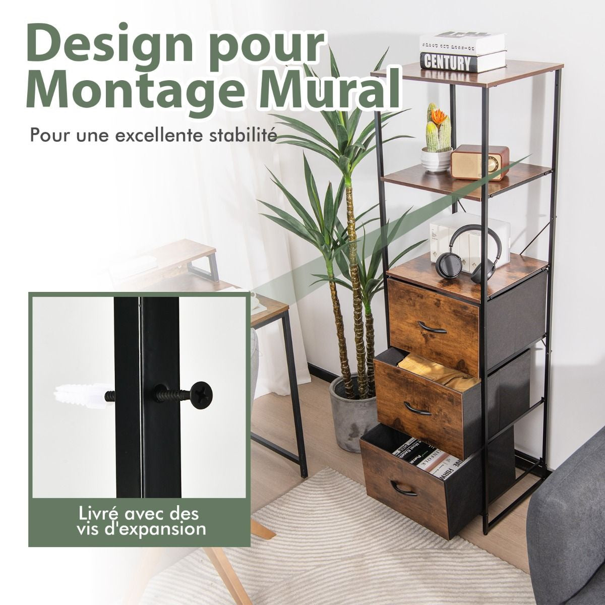 Bibliothèque -3 Etagères Et 3 Tiroirs Étagère De Rangement De Style Industriel 43 X 39 X 156 Cm (L X L X H) De Couleur Marron Rustique
