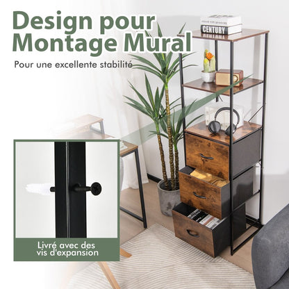 Bibliothèque -3 Etagères Et 3 Tiroirs Étagère De Rangement De Style Industriel 43 X 39 X 156 Cm (L X L X H) De Couleur Marron Rustique
